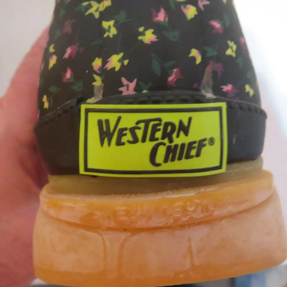 Western Chief Black Floral Chelsea Rain Boots with Pink, Yellow & Green Accents